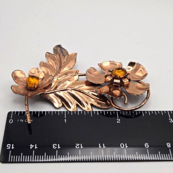 Vintage Sterling Silver Floral Brooch Yellow Rhinestone Vermeil 1940s‎ 50s 17g - Picture 5 of 5